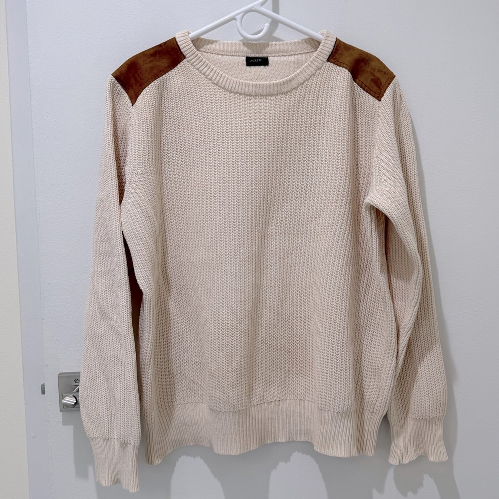 J.Crew Ivory With Brown Leather Shoulder Pads Knit Sweater Crewneck Large
